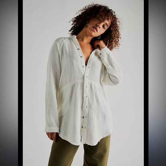 NEW FREE PEOPLE Sz XL WE THE FREE SUMMER DAYDREAM GAUZE BUTTON DOWN TUNIC IVORY - Picture 1 of 6